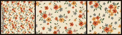 Seamless floral pattern, liberty ditsy print, abstract nature style in autumn motif. Cute botanical wallpaper, textile design: small hand drawn flowers, tiny leaves, mini bouquets. Vector illustration
