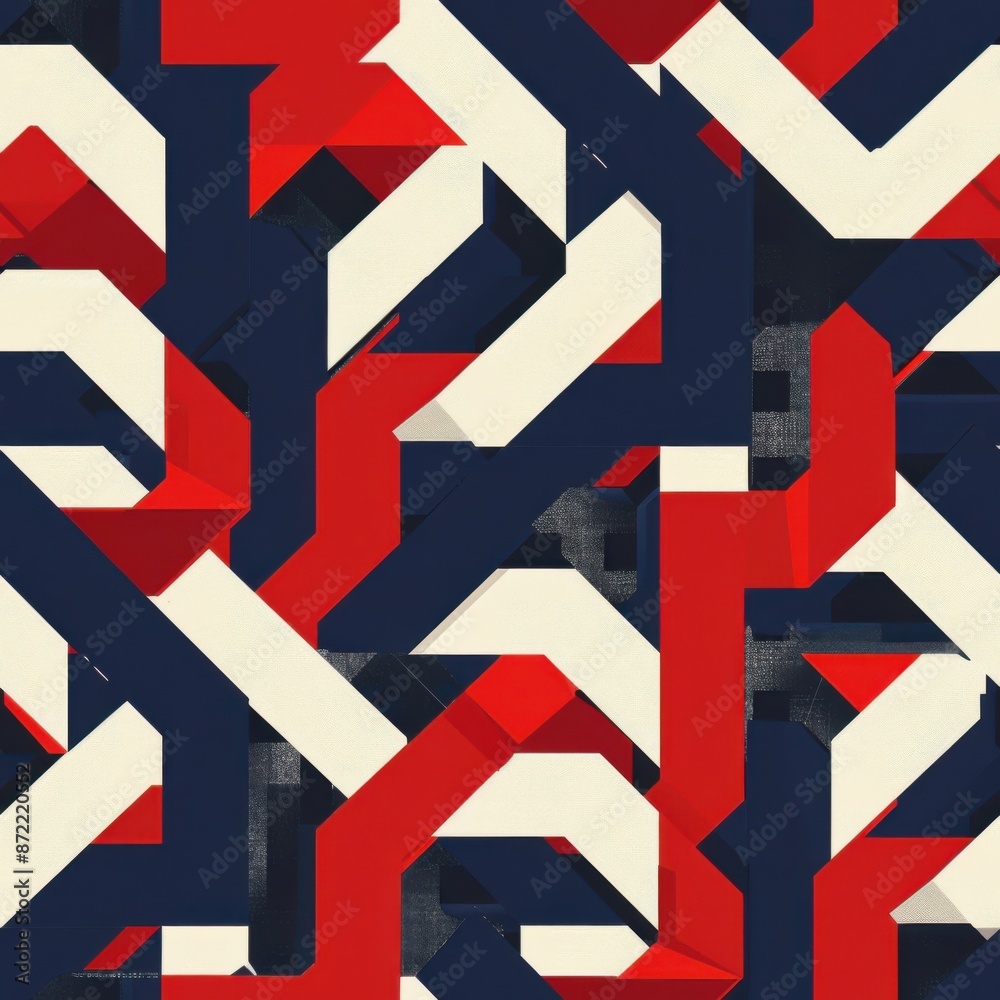 Fototapeta premium Seamless Geometric Pattern of Red, Navy Blue, and White Shapes