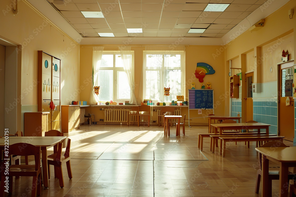 A classroom with a chalkboard and a few chairs, generative ai image. A classroom with a chalkboard and a few chairs, generative ai image.
