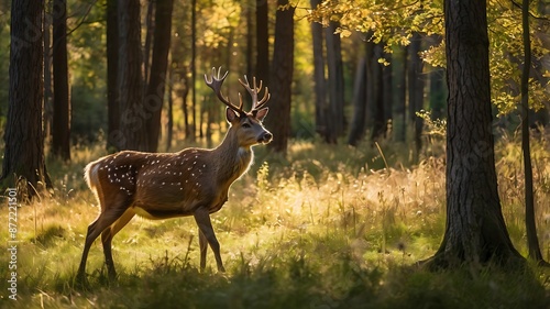 Elk in Forest. Noble deer male in winter snow forest. Artistic winter christmas landscape.