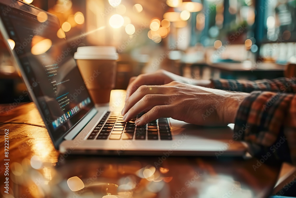 A man is typing on a laptop in a coffee shop, generative ai image. A man is typing on a laptop in a coffee shop, generative ai image.