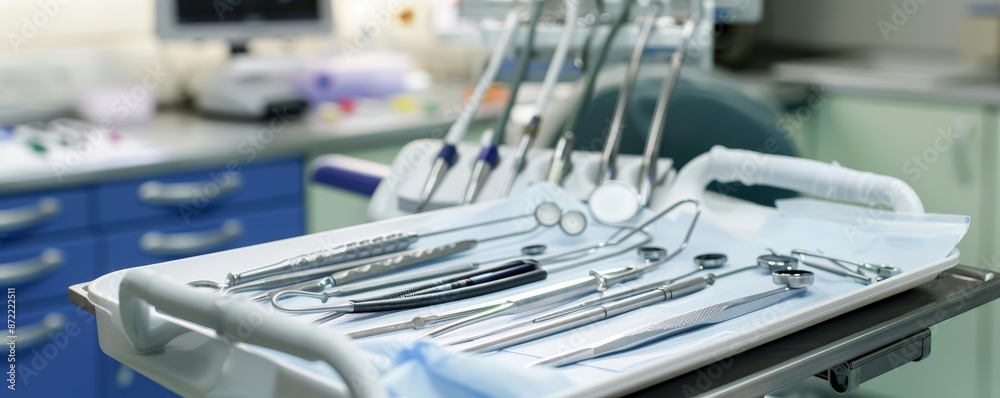 Close-up of medical equipment on tray, surgical tools organized, bright clinic lighting, photo-realistic detail, high clarity, professional setup Close-up of medical equipment on tray, surgical tools organized, bright clinic lighting, photo-realistic detail, high clarity, professional setup
