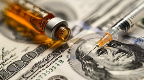 Corporate big pharma corruption and greed selling soul to the devil. Big pharmaceutical companies grip on the world Syringes and drugs with Dollar Bills Image of Medical Industry Corruption and deceit