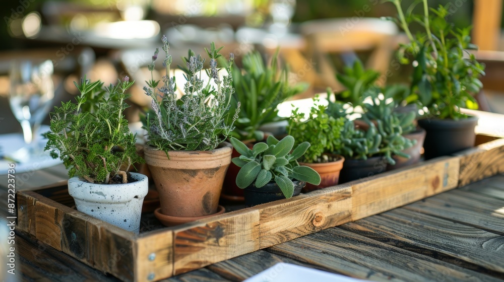 A rustic wooden tray adorned with pots of various herbs inviting guests to create their own personalized herbal infusions. A rustic wooden tray adorned with pots of various herbs inviting guests to create their own personalized herbal infusions.