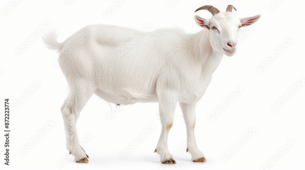 A white goat stands in front of a white background A white goat stands in front of a white background
