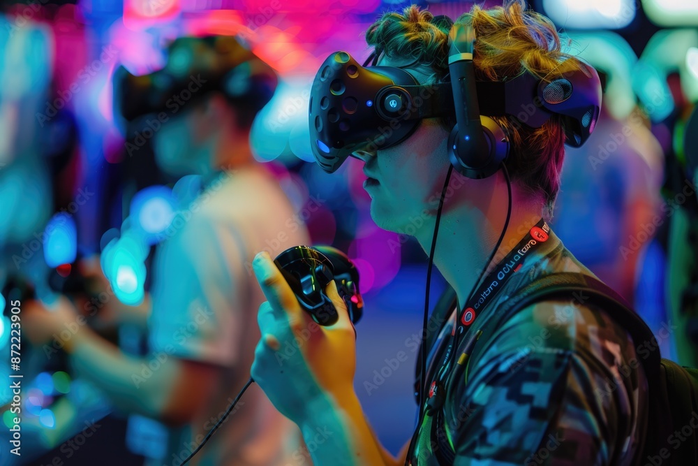 A young man immersed in a virtual reality experience  using handheld controllers at a gaming event.