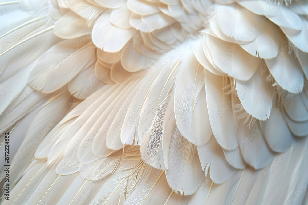 A large number of white feathers scattered across a white background, generative ai image. A large number of white feathers scattered across a white background, generative ai image.