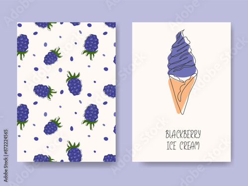 Blackberry ice cream poster cover set. Cute Abstract Doodle drawn ice-cream on white background and Berry pattern backgrounds set. Template for package label menu design for cafe, restaurant, store