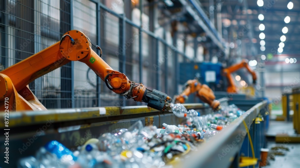 A robotic arm sorts through a conveyor belt filled with plastic bottles ...
