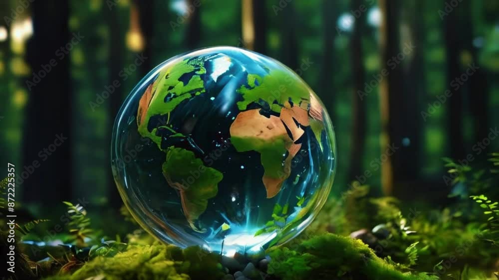 Glass globe in forest, Concept Save the world and save environment, earth day concept, 4K High-Quality animation video Glass globe in forest, Concept Save the world and save environment, earth day concept, 4K High-Quality animation video