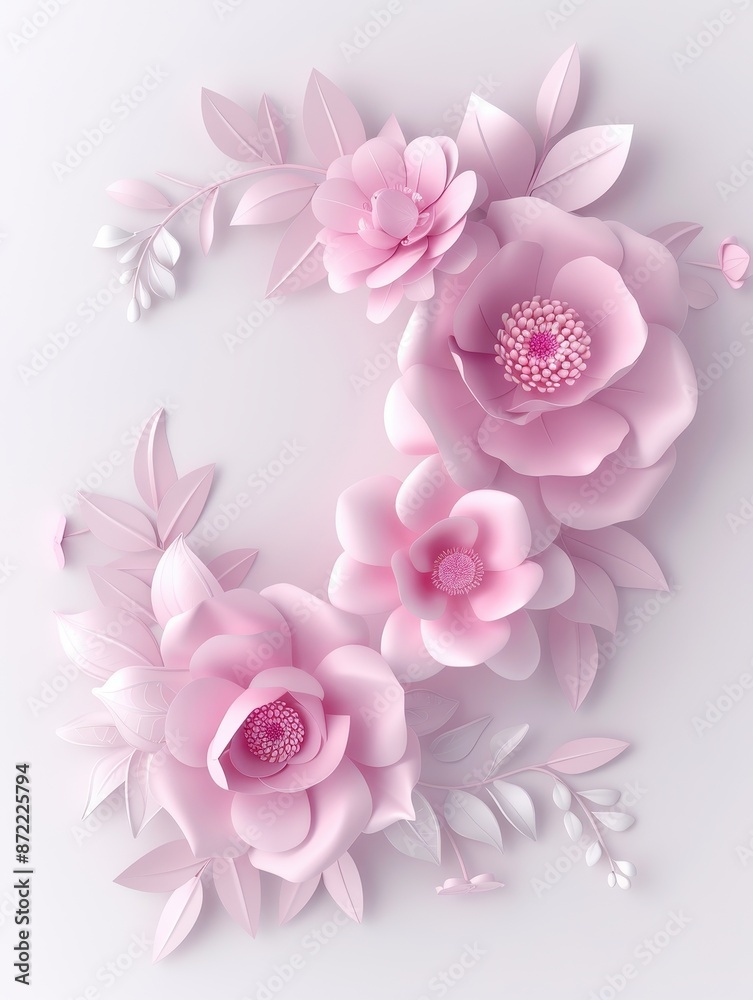 A pink flower arrangement with three flowers and leaves A pink flower arrangement with three flowers and leaves