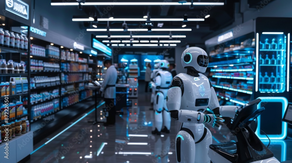 A group of robots are working in a modern store, likely assisting customers or performing tasks. The store is well-lit and has shelves stocked with various items. A group of robots are working in a modern store, likely assisting customers or performing tasks. The store is well-lit and has shelves stocked with various items.