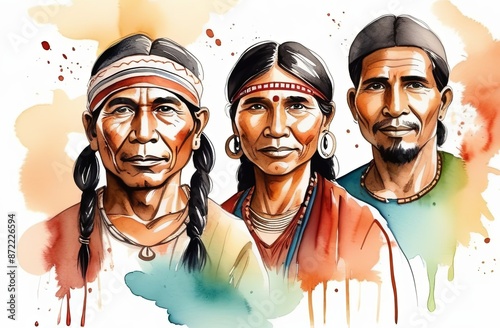 Native peaople of America, family group portrait. Indigenous peoples of the America. Indigenous People Day horizontal background. Native American Heritage Month. Native American Day background design. photo