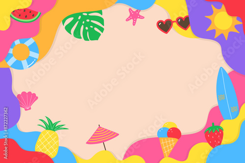 Colourful abstract summer background with icons. Vector illustration