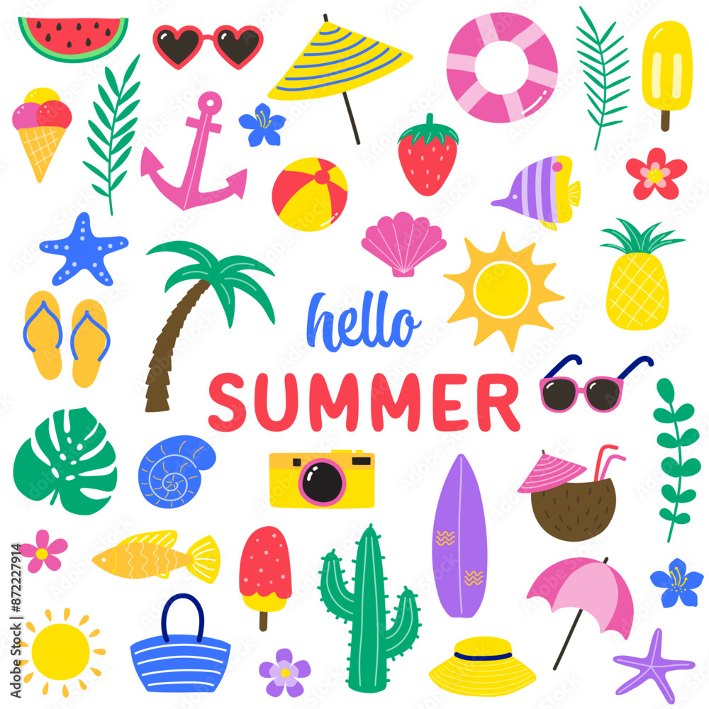 Set with colourful summer stickers. Holiday concept with icons. Vector illustration Set with colourful summer stickers. Holiday concept with icons. Vector illustration