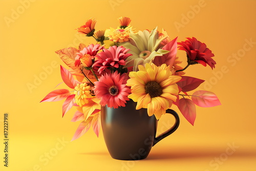 Wallpaper Mural Coffee tea cup with flowers on yellow background, greeting motivational banner Torontodigital.ca