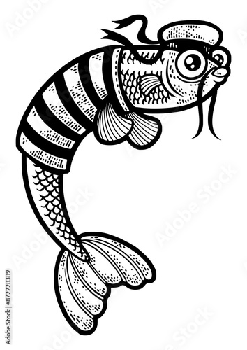 Cartoon sailor fish sketch engraving PNG illustration. T-shirt apparel print design. Scratch board imitation. Black and white hand drawn image. photo