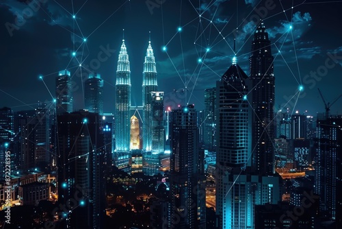 Abstract City scape and network icon connection concept of Kuala Lumpur City center at night dusk.