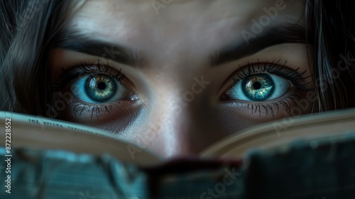 A pair of eyes peeking over a book photo