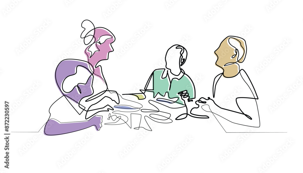 line art drawing of a family eating together.abstract line vector illustration of eating together line art drawing of a family eating together.abstract line vector illustration of eating together