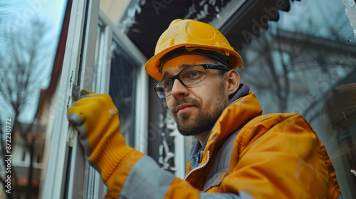 Construction worker in safety gear installing a window on a building site