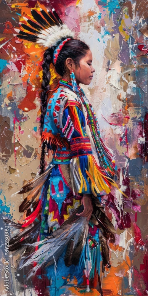 Fototapeta premium Proud shot of an indigenous girl participating in a powwow ceremony