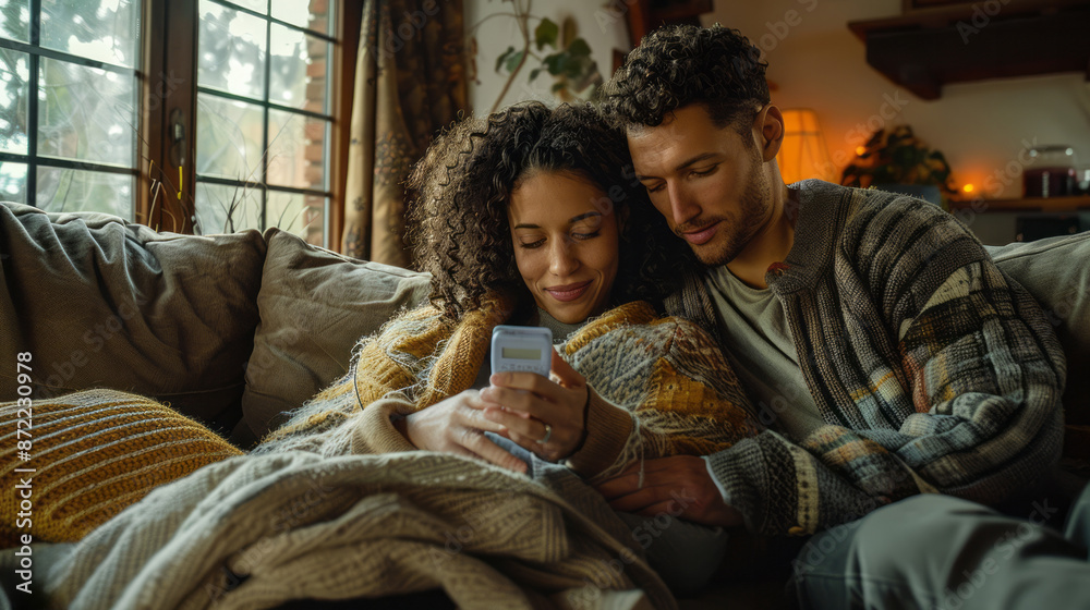 Cozy couple cuddling on couch, enjoying a peaceful moment together