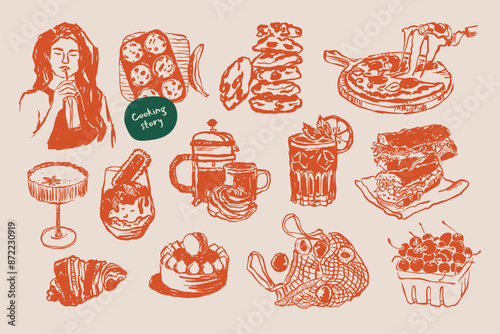 Minimalist hand drawn food and drink vector illustration collection. Art for postcards, branding, logo design, background.	