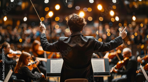 Conductor leading a symphony orchestra in a grand performance, focusing on the conductor's back with the orchestra and audience in a bokeh background