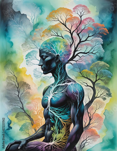 Humain silhouette en connexion avec la nature, aquarelle et dessin l'humain en harmonie avec la nature photo