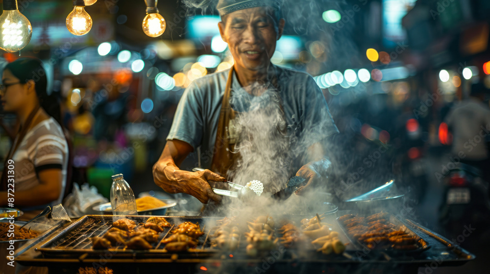 Asian Street Food Vendor Cooking Grilled Meat at Night Market with Smoke and Lights - Authentic Culinary Experience Asian Street Food Vendor Cooking Grilled Meat at Night Market with Smoke and Lights - Authentic Culinary Experience