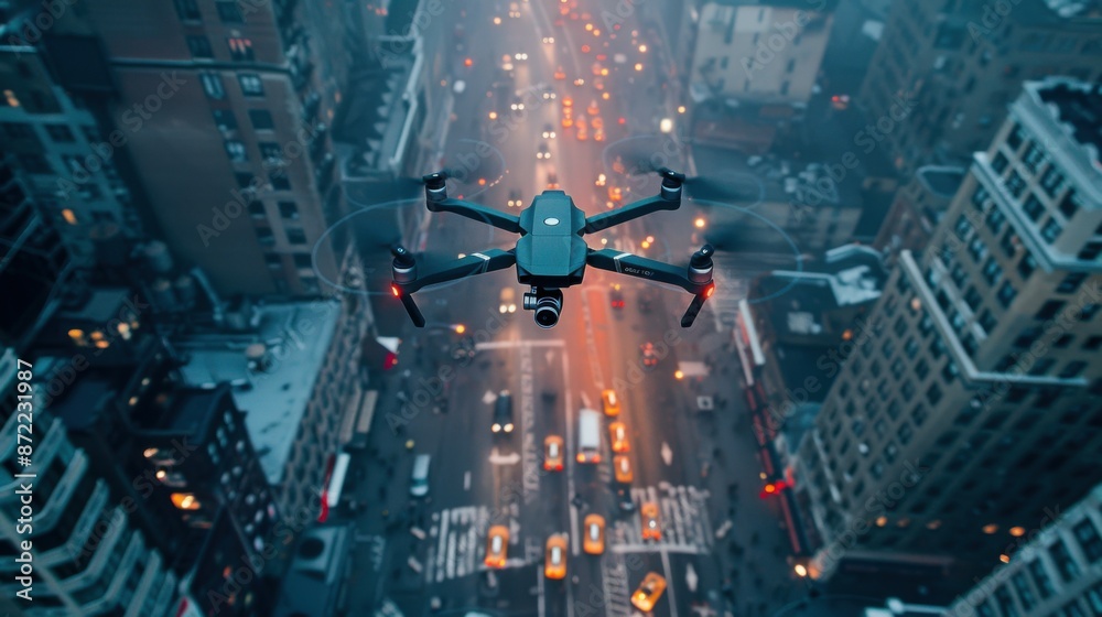 Naklejka premium Drone flying over the city, global aerial surveillance.