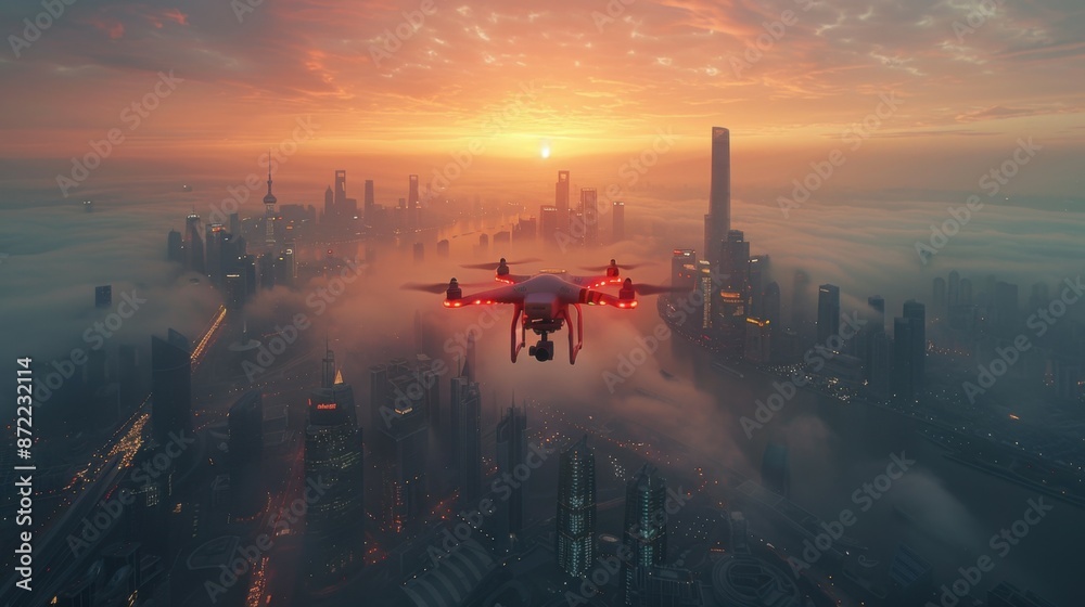 Drone flying over the city, global aerial surveillance. Drone flying over the city, global aerial surveillance.