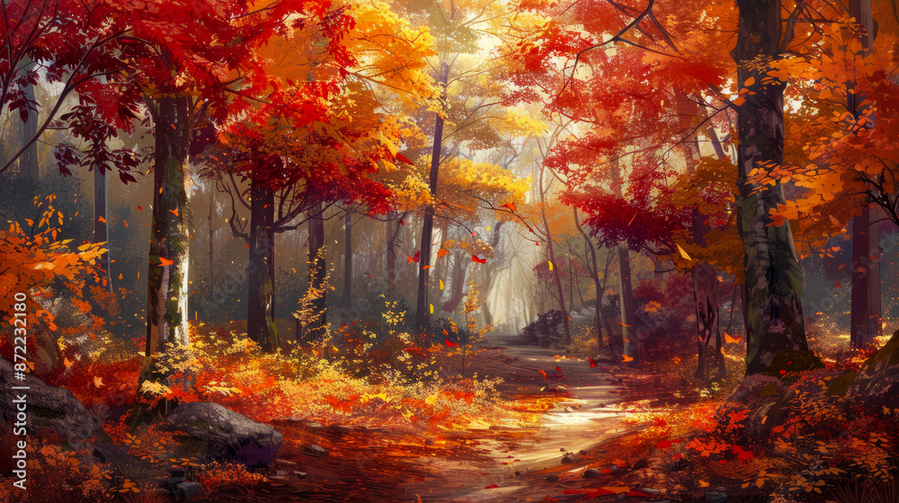 Enchanting Autumn Forest Pathway with Vibrant Fall Foliage and Sunlight Filtering Through the Trees - Captivating Nature Landscape Photography Enchanting Autumn Forest Pathway with Vibrant Fall Foliage and Sunlight Filtering Through the Trees - Captivating Nature Landscape Photography