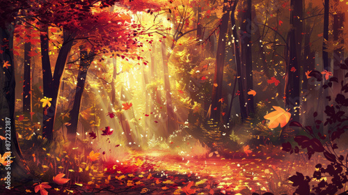 Enchanting Autumn Forest Pathway Bathed in Golden Sunlight with Falling Leaves Creating a Magical Atmosphere