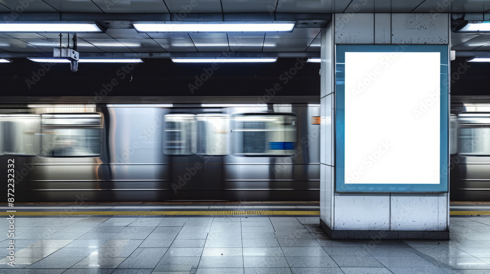 High-speed train in motion at modern subway station with blank billboard High-speed train in motion at modern subway station with blank billboard