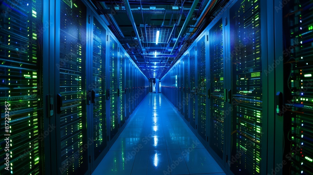 Fototapeta premium A photograph of a sleek, modern data center, rows of servers