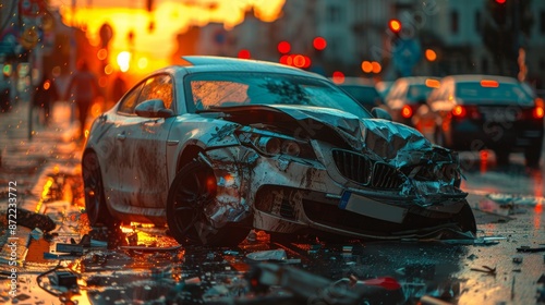 Dramatic Car Accident at Sunset - Generative AI photo