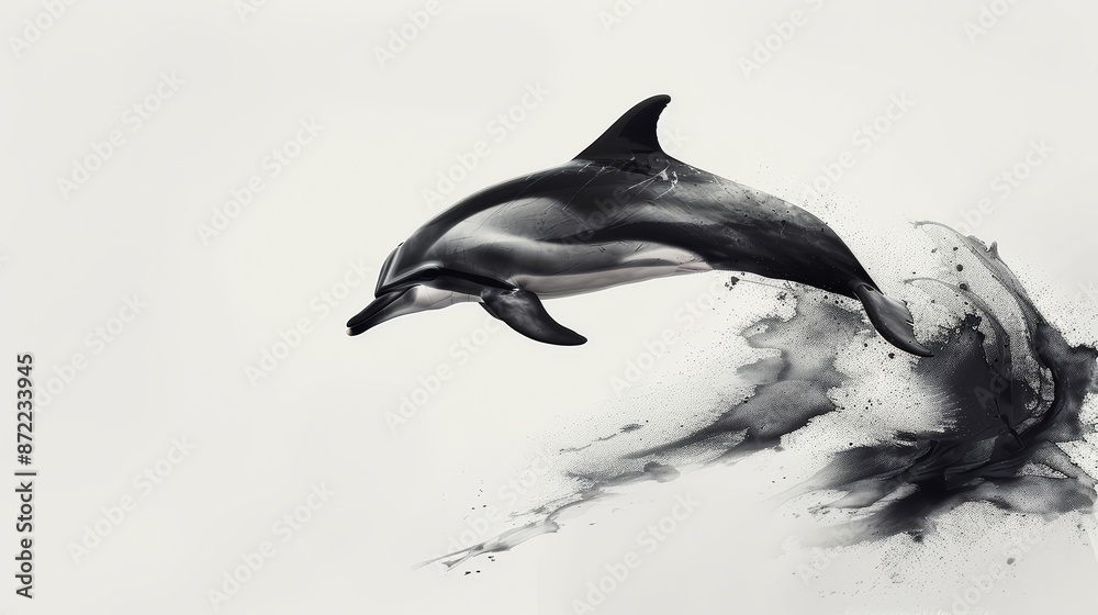 Obraz premium A playful dolphin leaps through a sea of white, its form rendered in smooth black strokes