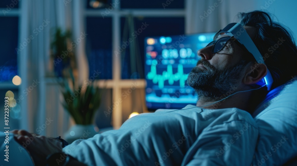 Man Wearing a Headband and Sunglasses Lying on a Bed at Night Man Wearing a Headband and Sunglasses Lying on a Bed at Night