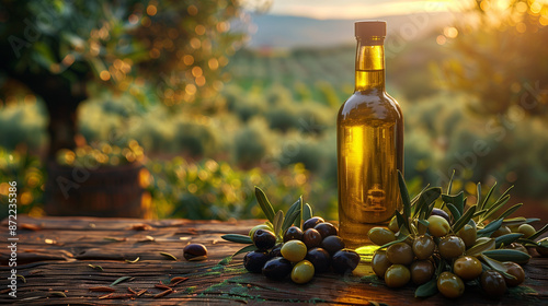 Premium quality bottle of olive oil standing on a wooden table with some olives, professional publicity photo with an Italian olive yard in the background