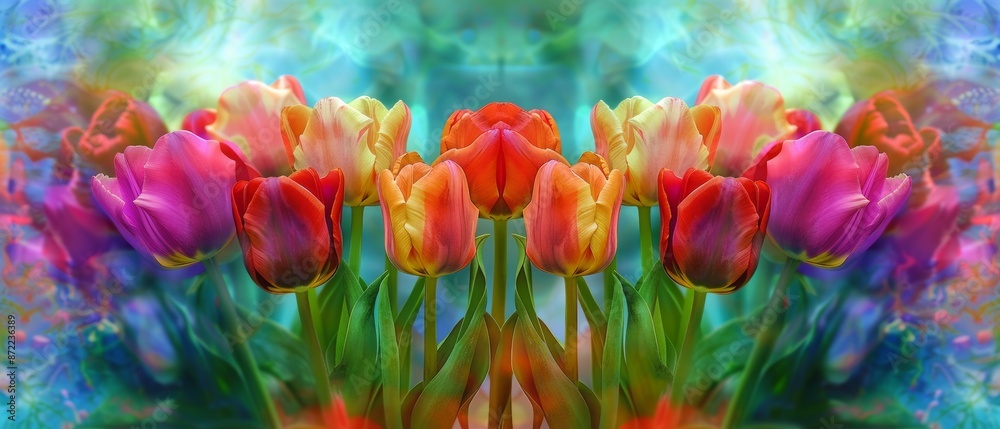 Vibrant tulips vase, vivid colors stand out, evoking cheerfulness and warmth Vibrant tulips vase, vivid colors stand out, evoking cheerfulness and warmth