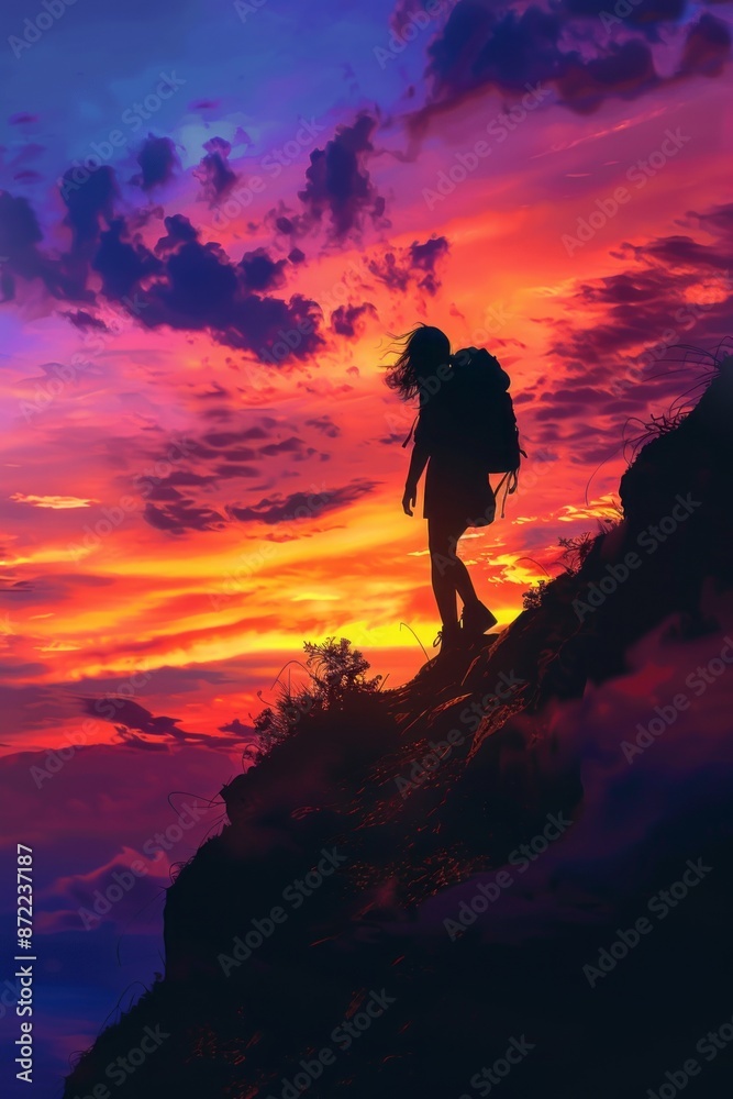 Silhouette of a girl hiking up a mountain trail against a vibrant sunrise. Silhouette of a girl hiking up a mountain trail against a vibrant sunrise.