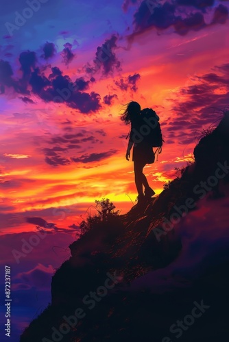 Silhouette of a girl hiking up a mountain trail against a vibrant sunrise.