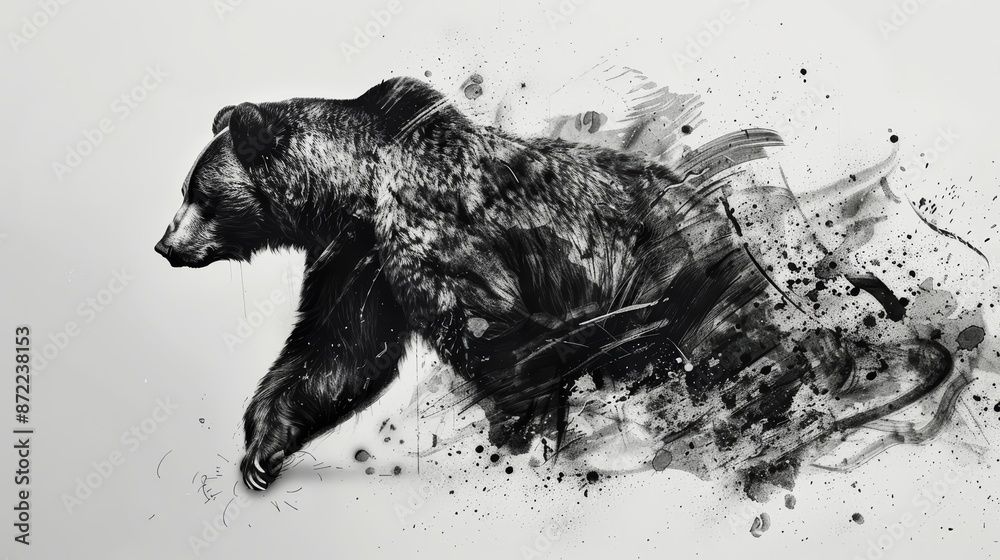 A powerful bear, with its strong presence, is depicted in simple black ink strokes on a white background A powerful bear, with its strong presence, is depicted in simple black ink strokes on a white background