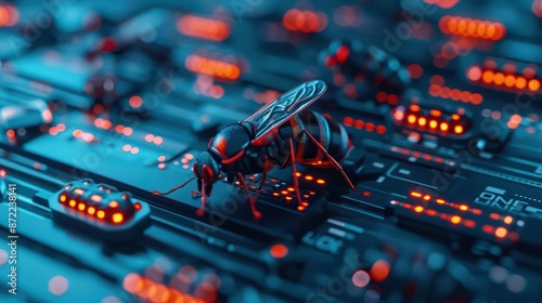 A futuristic tech lab where insect programmers
