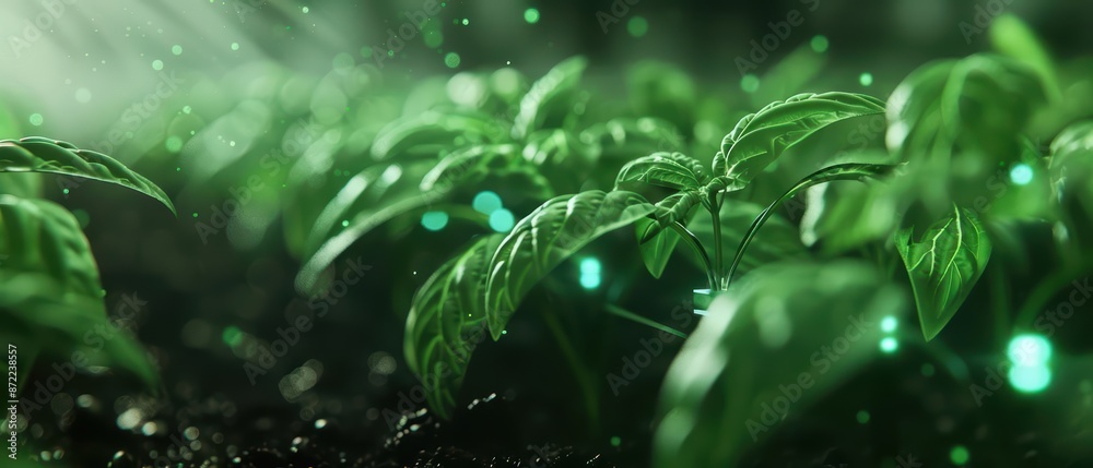 A hightech agriculture system employs robotic tendrils with mystical leaves that enhance crop growth and repel pests A hightech agriculture system employs robotic tendrils with mystical leaves that enhance crop growth and repel pests