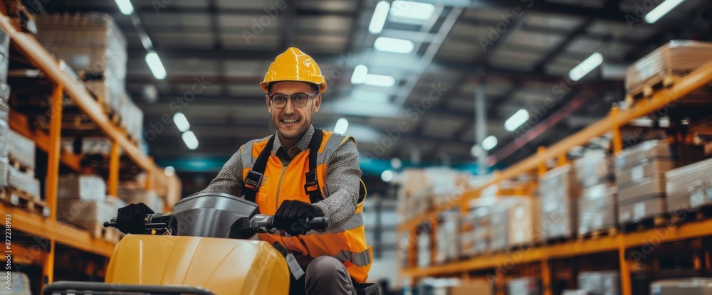 A smiling warehouse worker in a hard hat and safety vest drives an electric pallet jack down an aisle of stocked shelves. A smiling warehouse worker in a hard hat and safety vest drives an electric pallet jack down an aisle of stocked shelves.