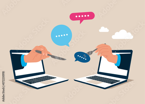 Human holding fork with knife and ready to eat speech bubbles on the plate. Discussion, conversation, meeting, opinion. Flat vector illustration