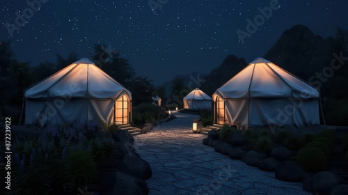 A hightech glamping site provides tents made from ethereal fabrics that shimmer under moonlight photo